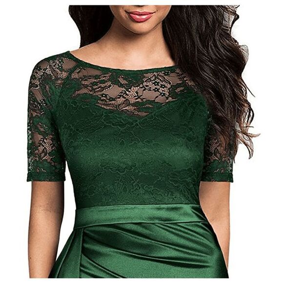 💚 Elegant Romantic Lace Satin Fitted Ruched Ruffles Retro Pencil Dress XXL NWT - Picture 4 of 10